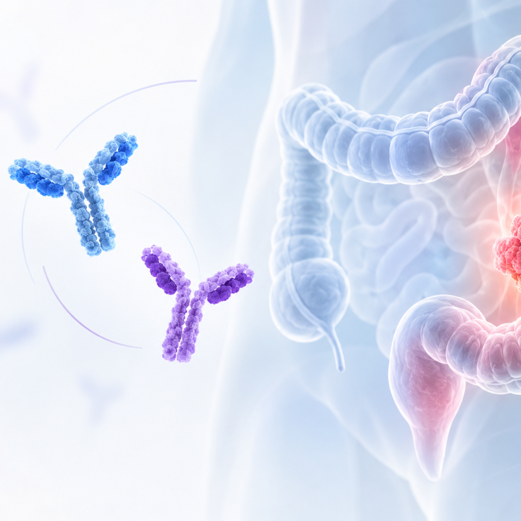 Illustration of immune checkpoint inhibition targeting locally advanced mismatch repair-deficient colon cancer with botensilimab and balstilimab.