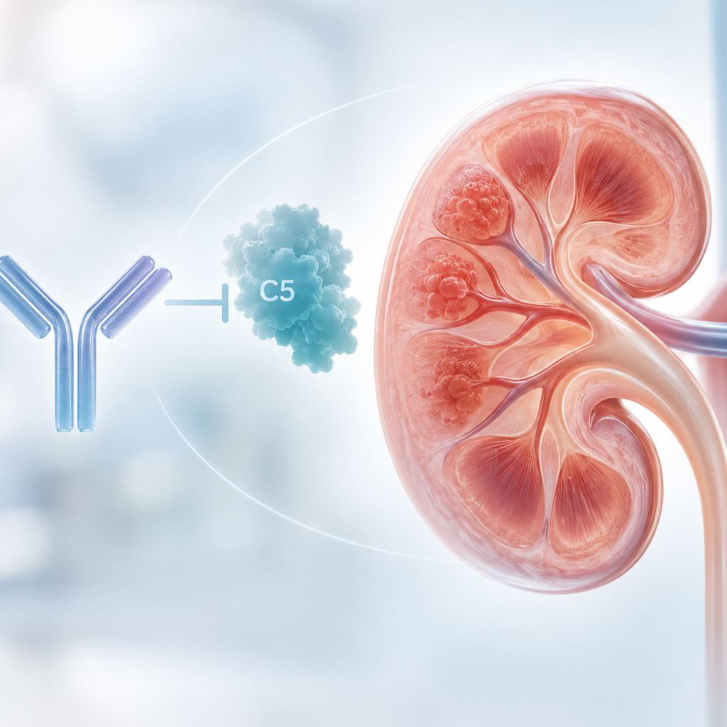 Medical illustration of complement C5 inhibition and kidney inflammation in IgA nephropathy, representing ravulizumab treatment.