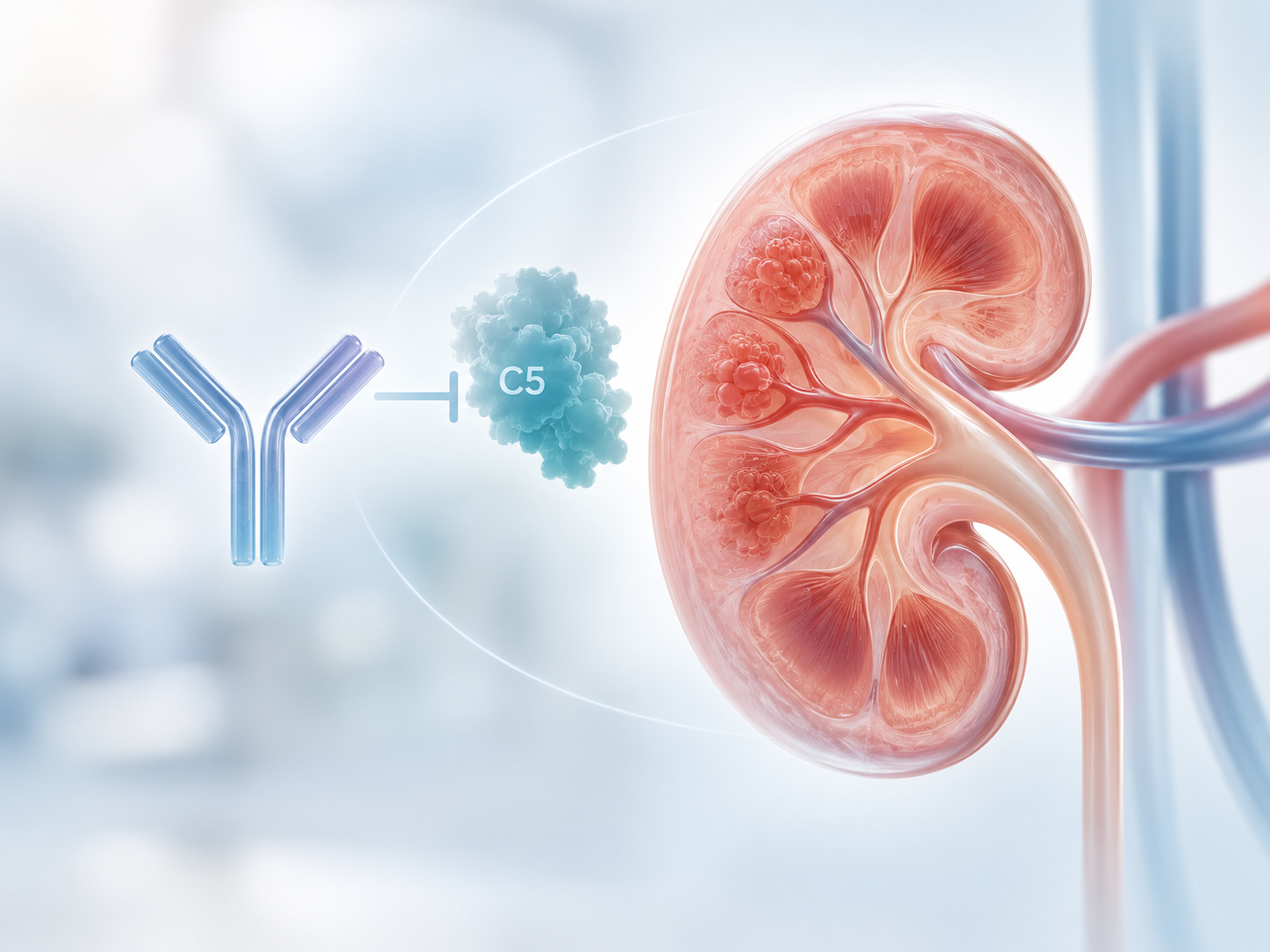 Medical illustration of complement C5 inhibition and kidney inflammation in IgA nephropathy, representing ravulizumab treatment.