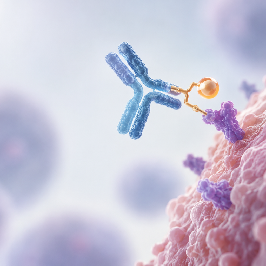 Scientific illustration of a CLDN18.2-targeted antibody-drug conjugate delivering a cytotoxic payload to gastric cancer cells