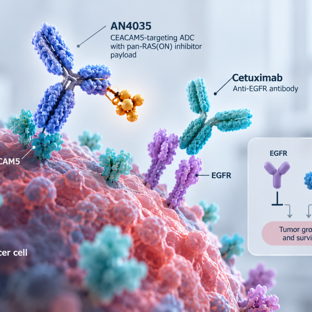 Diagram of AN4035 CEACAM5-targeting antibody-drug conjugate combining with cetuximab to inhibit EGFR and RAS pathways