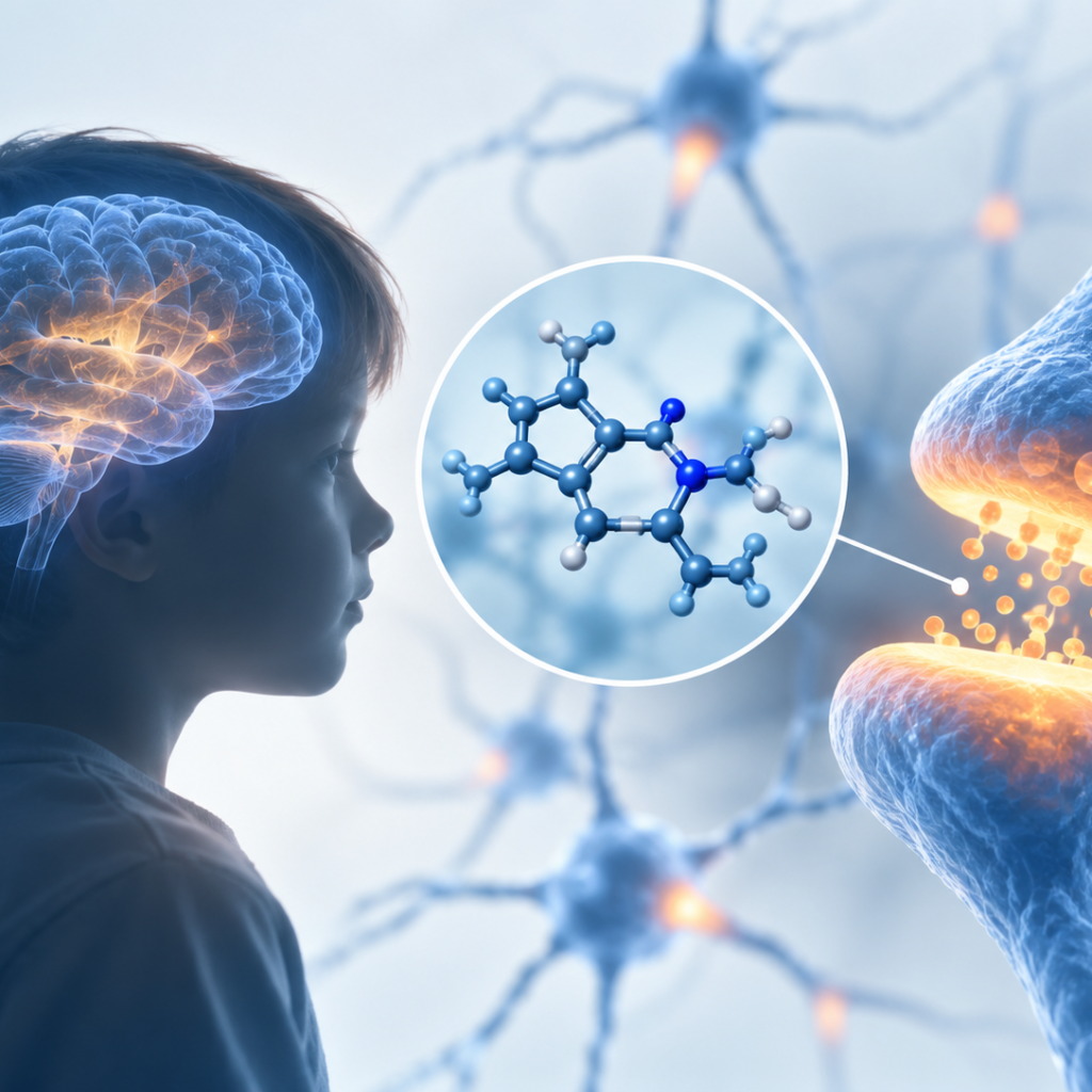 Scientific illustration of PDE2 inhibition and neuronal signaling in Fragile X syndrome research