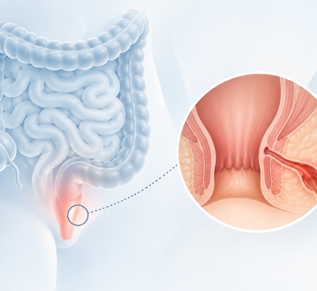 Medical illustration depicting perianal fistulizing Crohn’s disease and guselkumab treatment evaluated in the Phase 3 FUZION trial