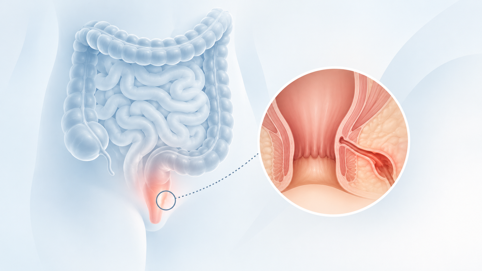 Medical illustration depicting perianal fistulizing Crohn’s disease and guselkumab treatment evaluated in the Phase 3 FUZION trial