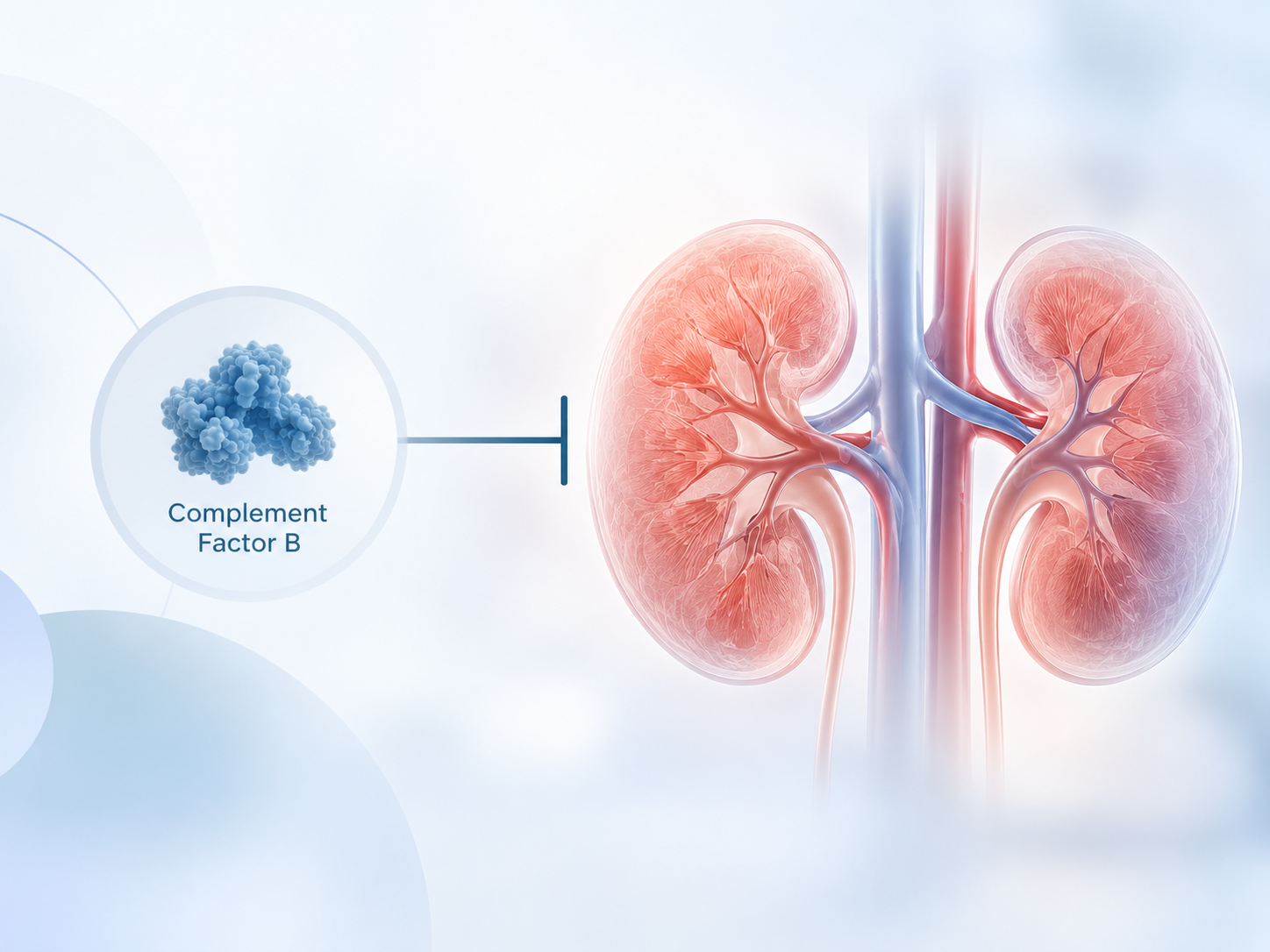 Conceptual medical illustration of complement factor B inhibition and kidney inflammation in IgA nephropathy