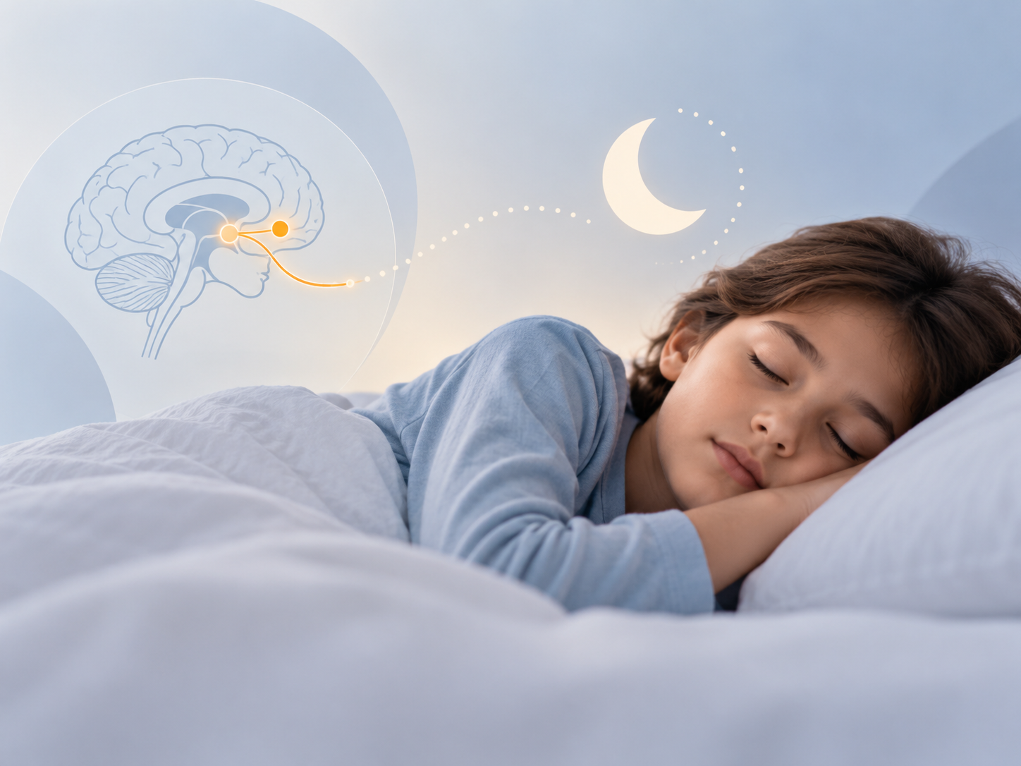 Conceptual illustration of orexin signalling and sleep regulation in children with insomnia, reflecting Idorsia's investigational daridorexant Phase 2 study