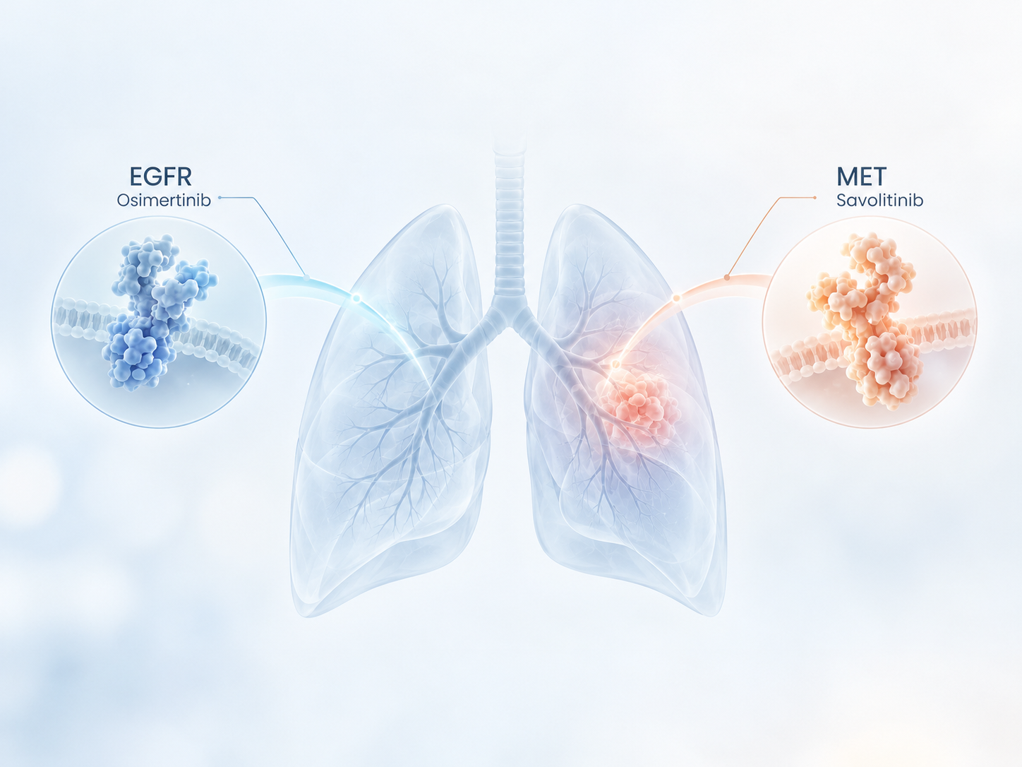 Illustration of dual EGFR and MET inhibition with osimertinib and savolitinib in EGFR-mutated, MET-overexpressing non-small cell lung cancer