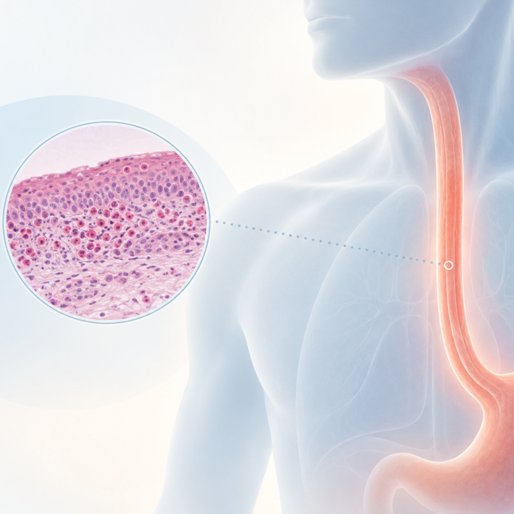 Medical illustration of eosinophilic esophagitis showing an inflamed esophagus and magnified esophageal tissue.