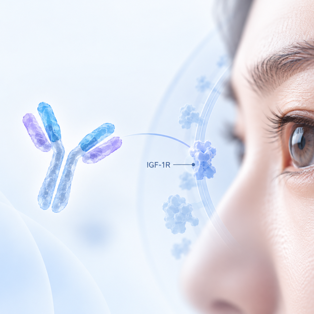 Illustration of SYCUME (teprotumumab N01) targeting IGF-1R in inactive thyroid eye disease