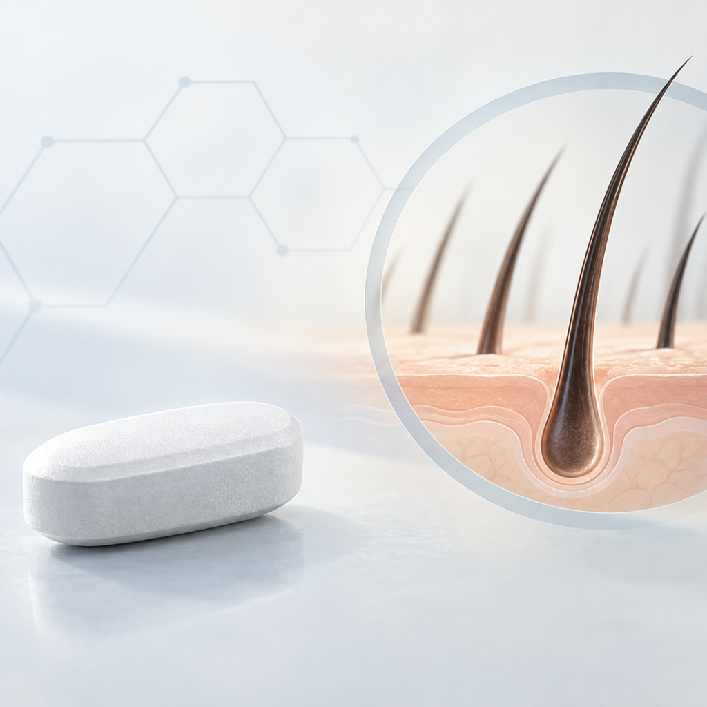 Illustration of hair follicles and hair growth associated with investigational oral minoxidil VDPHL01 for male pattern hair loss