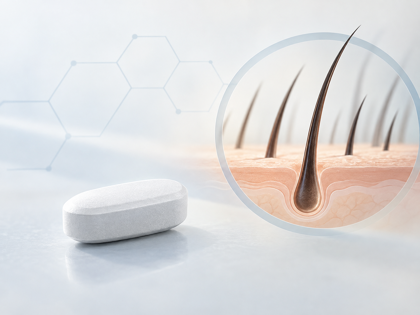 Illustration of hair follicles and hair growth associated with investigational oral minoxidil VDPHL01 for male pattern hair loss