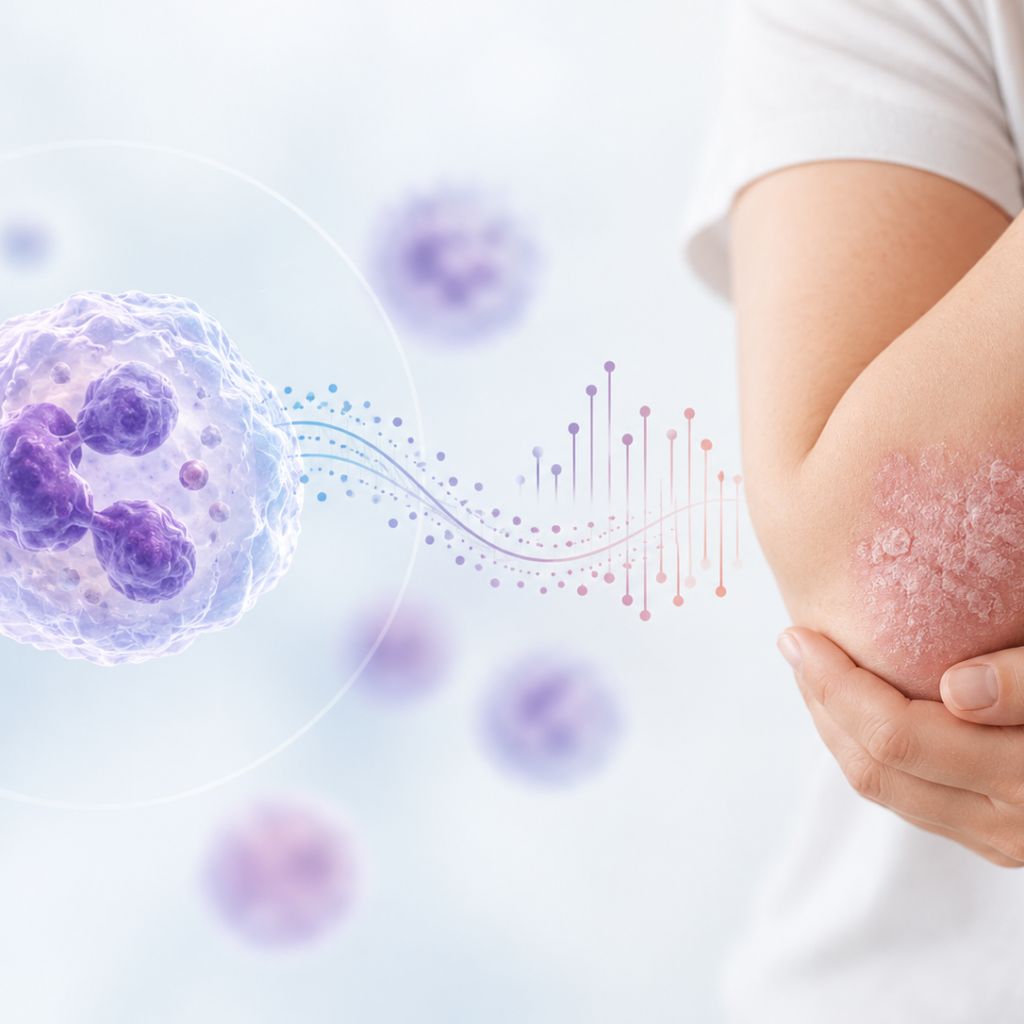 Scientific illustration of neutrophil-associated biomarkers linked to psoriasis response with Taltz and Zepbound combination treatment