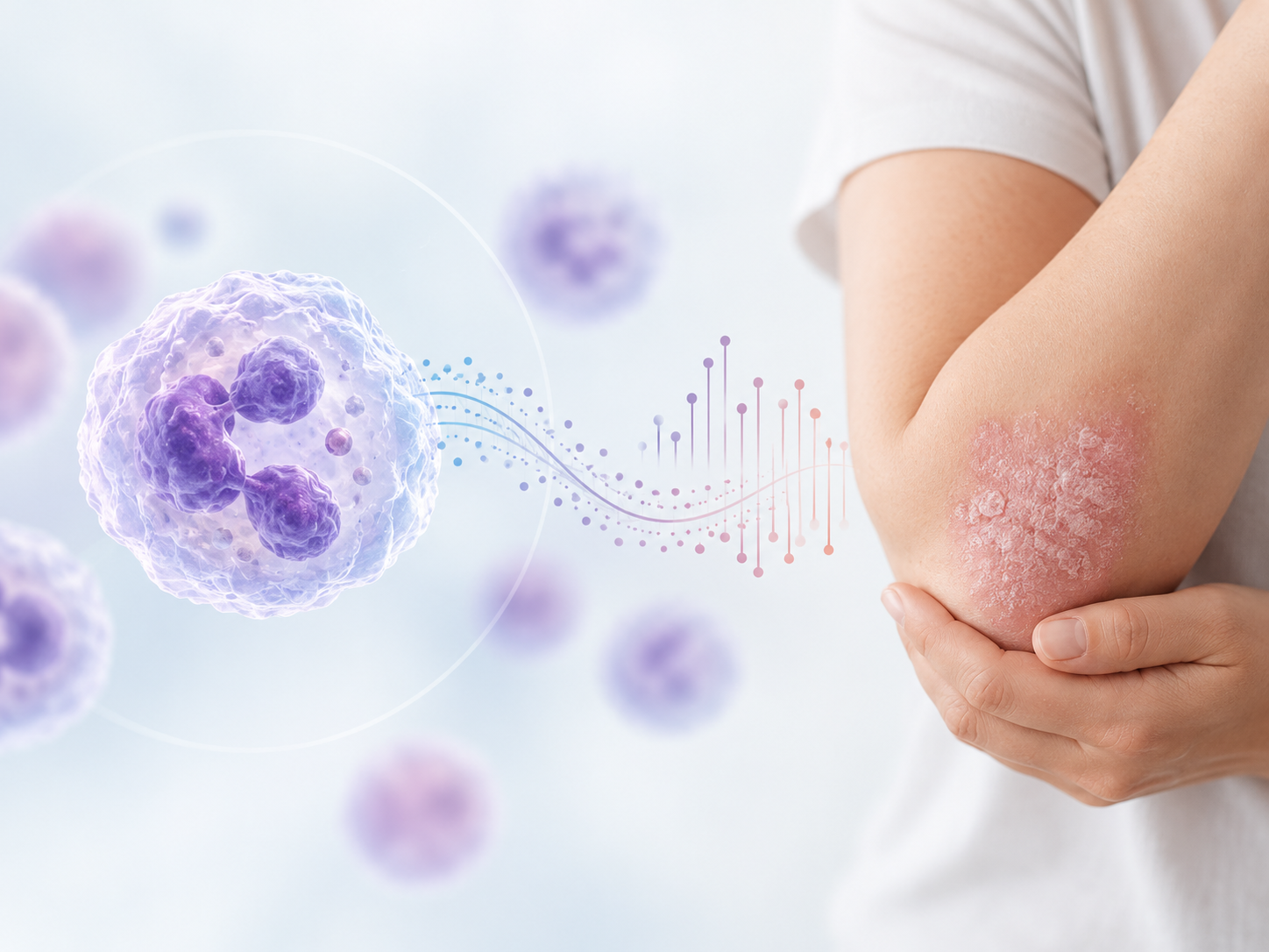 Scientific illustration of neutrophil-associated biomarkers linked to psoriasis response with Taltz and Zepbound combination treatment