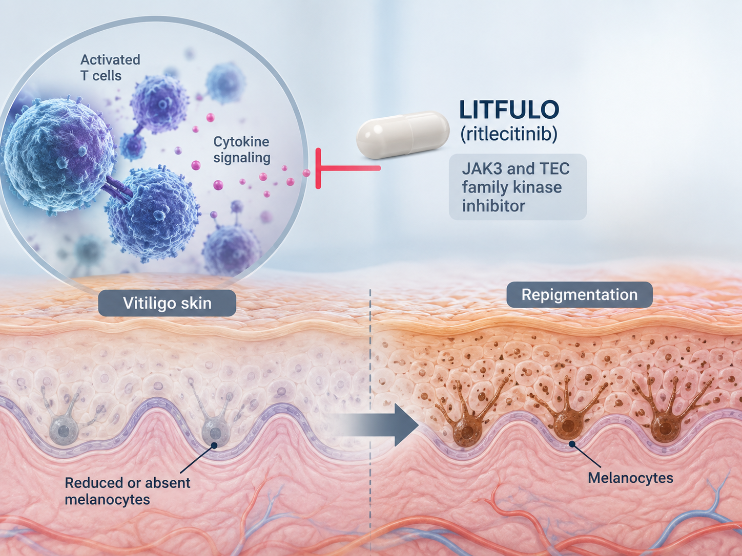LITFULO ritlecitinib Phase 3 TRANQUILLO trials improve facial and total-body repigmentation in nonsegmental vitiligo