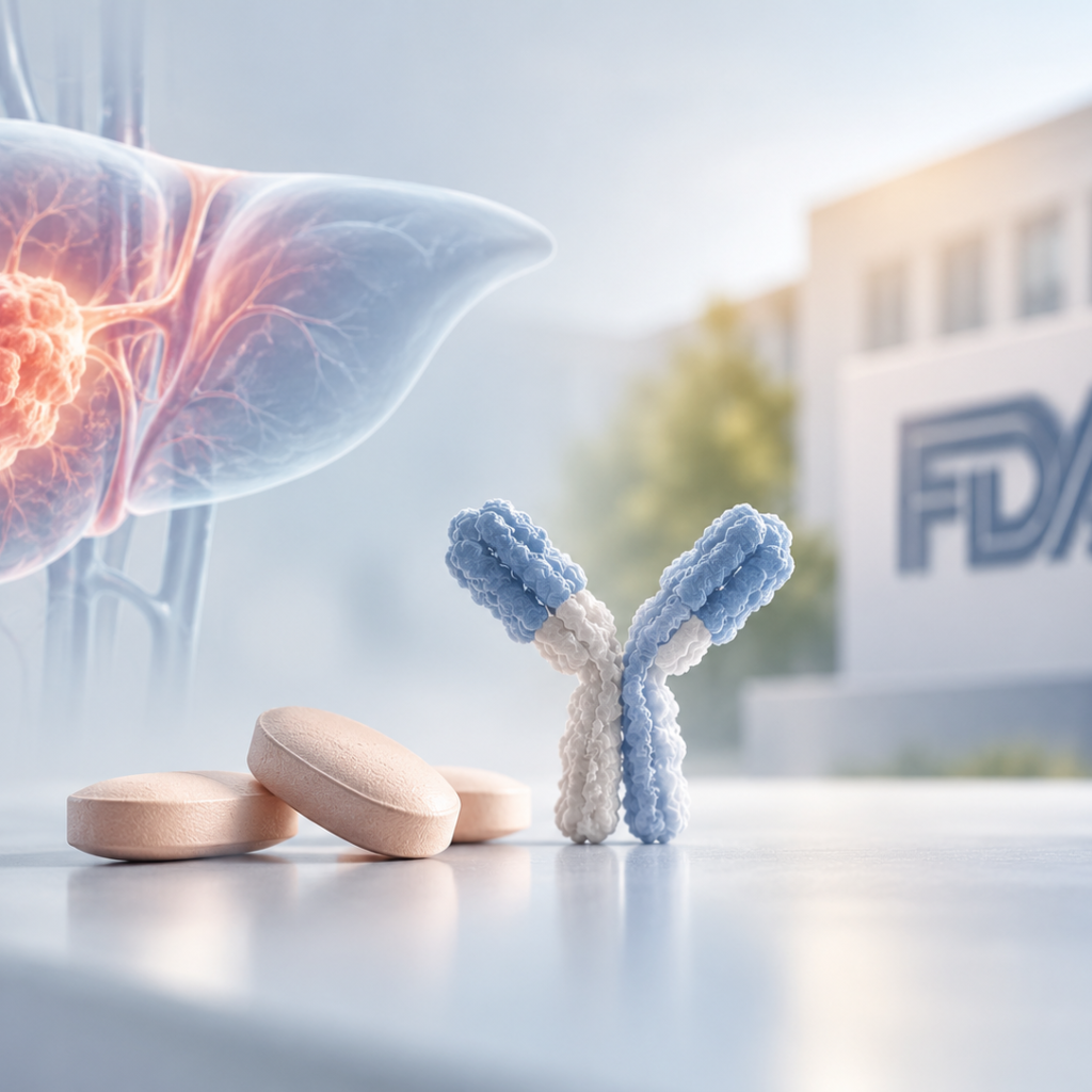 Scientific illustration of rivoceranib and camrelizumab combination therapy targeting tumor blood vessel formation and immune evasion in advanced hepatocellular carcinoma