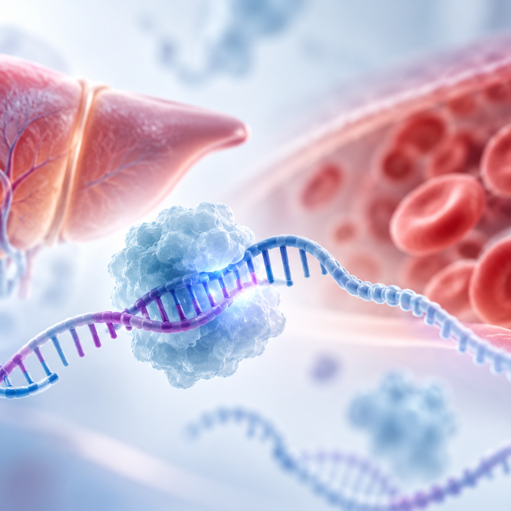 Illustration of siRNA-mediated TMPRSS6 gene silencing and hepcidin regulation in polycythemia vera, related to Merck KGaA's proposed acquisition of Silence Therapeutics.
