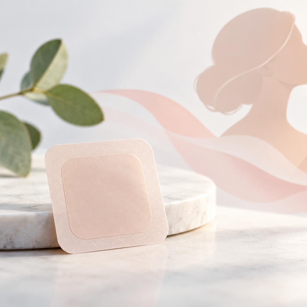 Minimalist illustration of a once-weekly estradiol and levonorgestrel hormone therapy patch for menopause treatment.