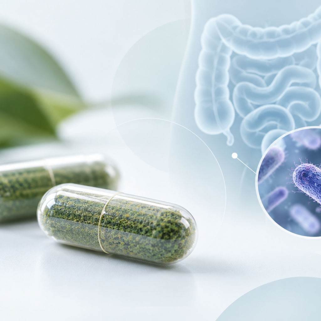 Illustration of oral LMN-201 biologic capsules targeting Clostridioides difficile infection and recurrence