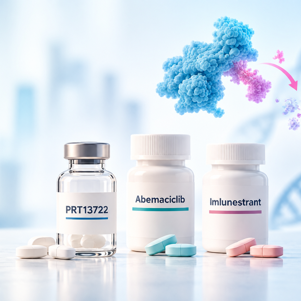 Prelude Therapeutics’ investigational KAT6A degrader PRT13722 in combination with abemaciclib and imlunestrant for HR-positive, HER2-negative breast cancer.