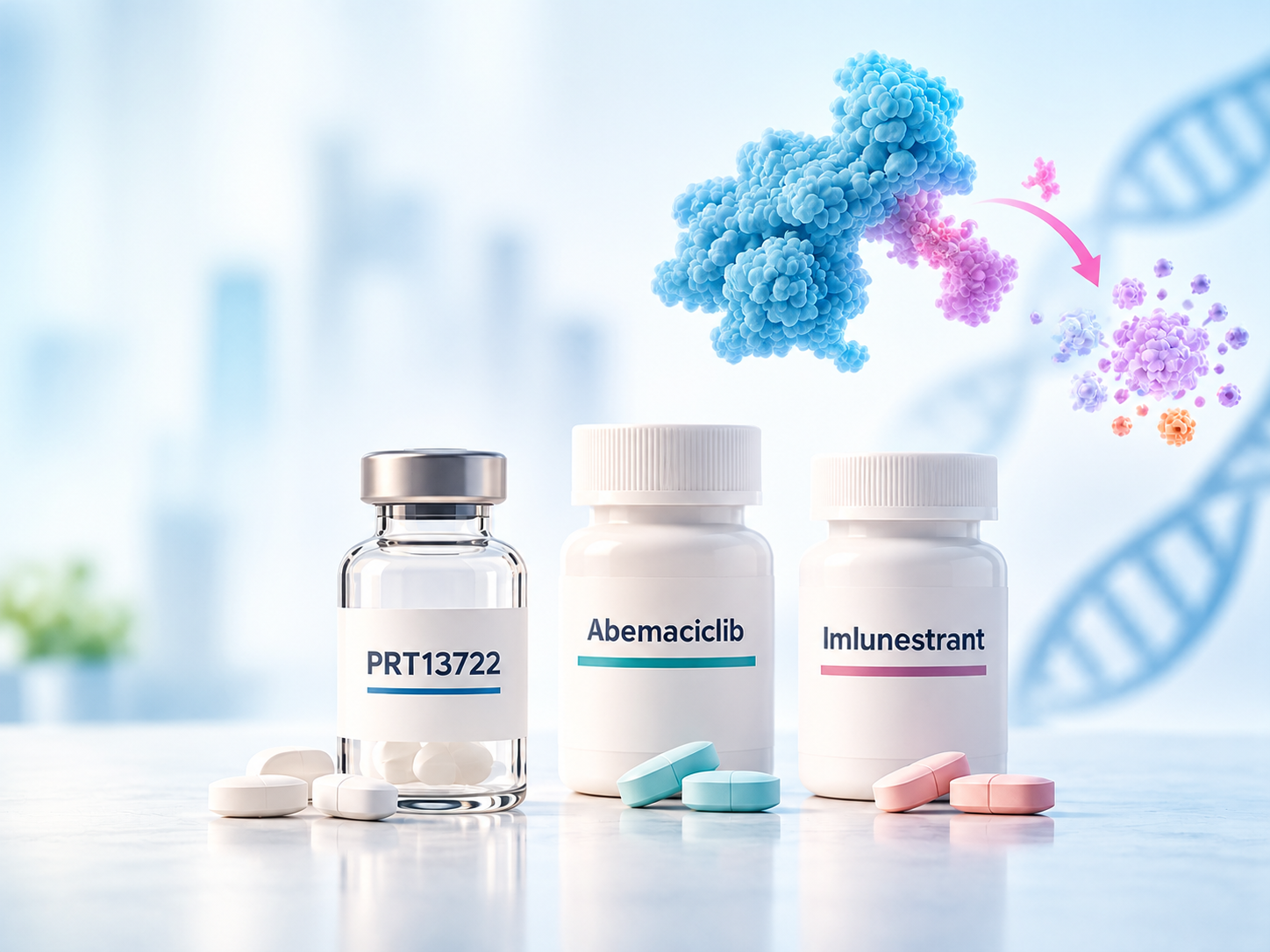 Prelude Therapeutics’ investigational KAT6A degrader PRT13722 in combination with abemaciclib and imlunestrant for HR-positive, HER2-negative breast cancer.