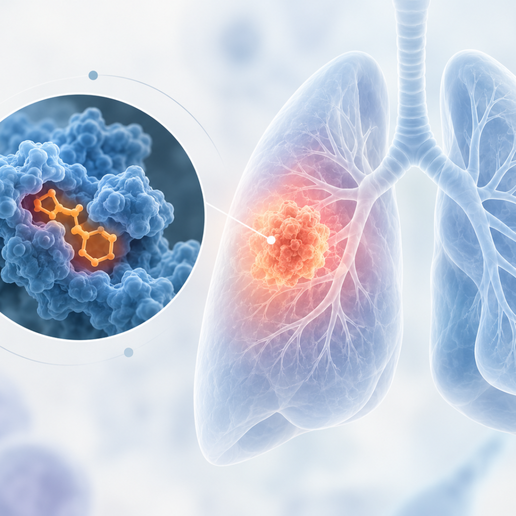 Scientific illustration of investigational KRAS G12C inhibitor olomorasib combined with pembrolizumab in first-line KRAS G12C-mutant non-small cell lung cancer.