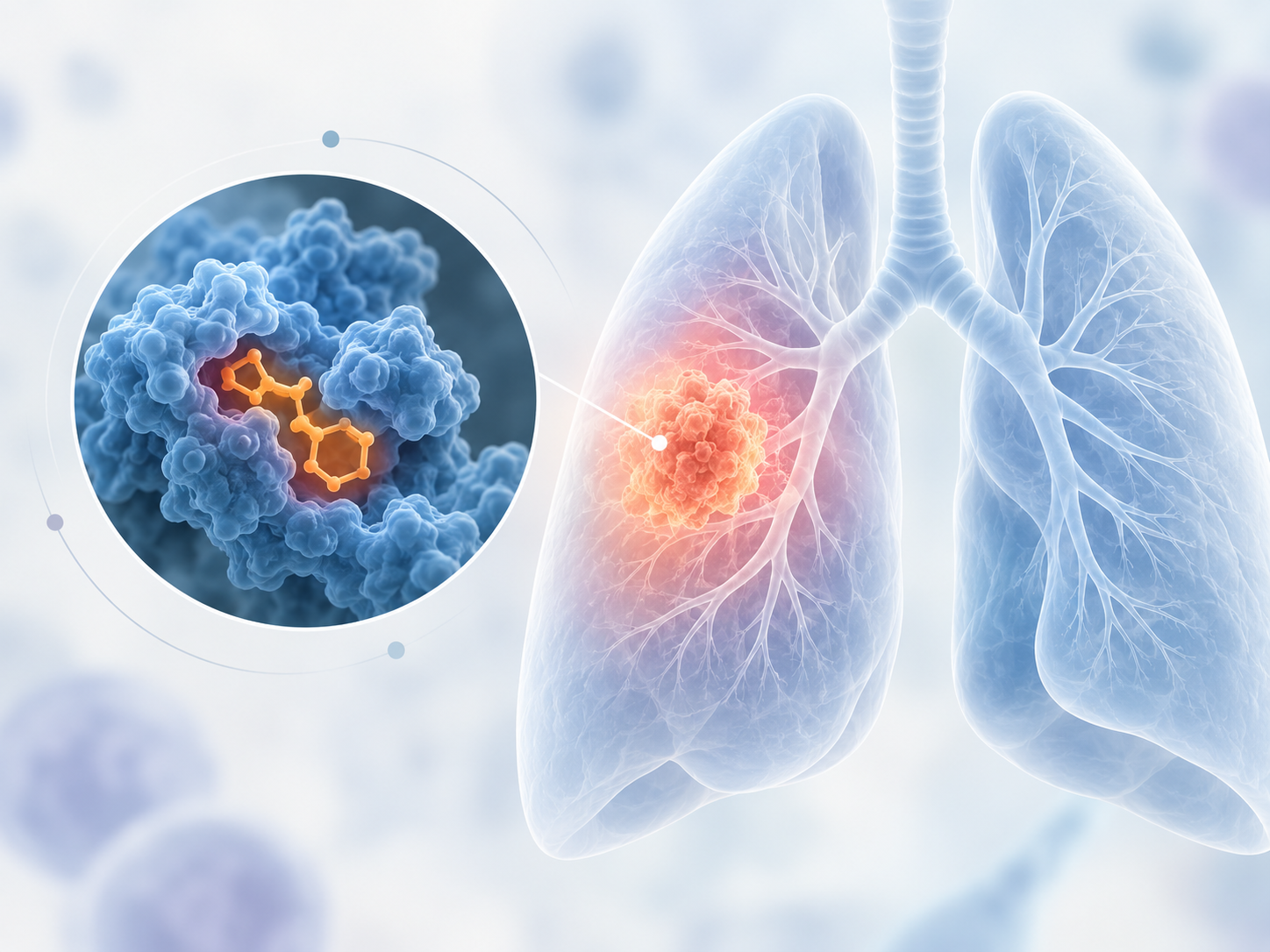 Scientific illustration of investigational KRAS G12C inhibitor olomorasib combined with pembrolizumab in first-line KRAS G12C-mutant non-small cell lung cancer.