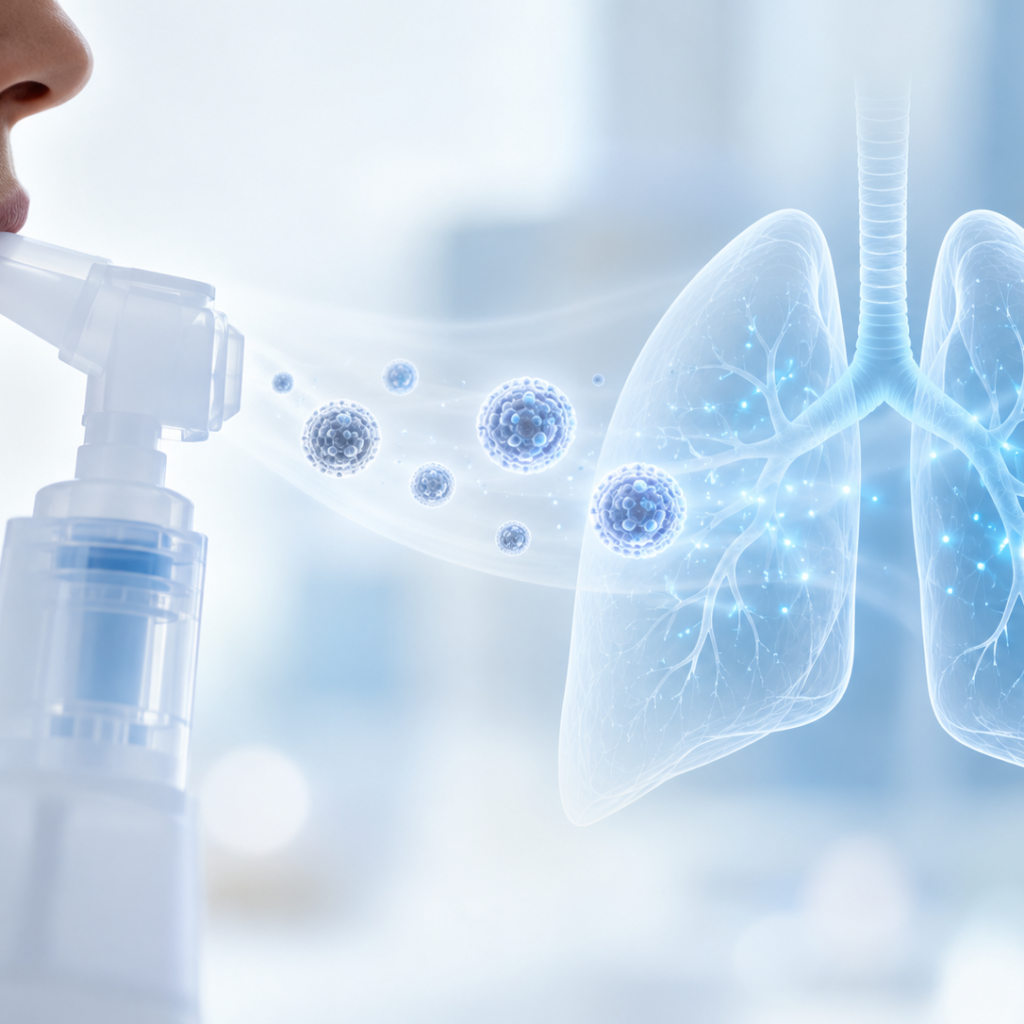 Inhaled EXO-CD24 investigational therapy illustrated with aerosol particles reaching the lungs in patients with acute respiratory distress syndrome.