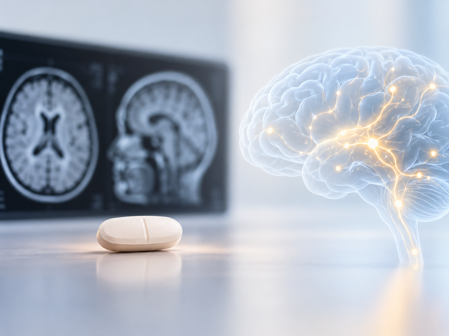 Conceptual medical illustration of a tablet and neural pathways in the brain representing remibrutinib research in relapsing multiple sclerosis