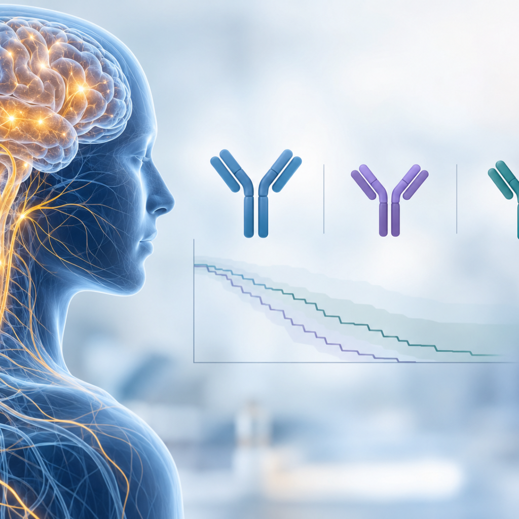 Medical illustration of the brain and neural pathways alongside antibody symbols representing a five-year indirect comparison of BRIUMVI with ocrelizumab and ofatumumab in relapsing multiple sclerosis.