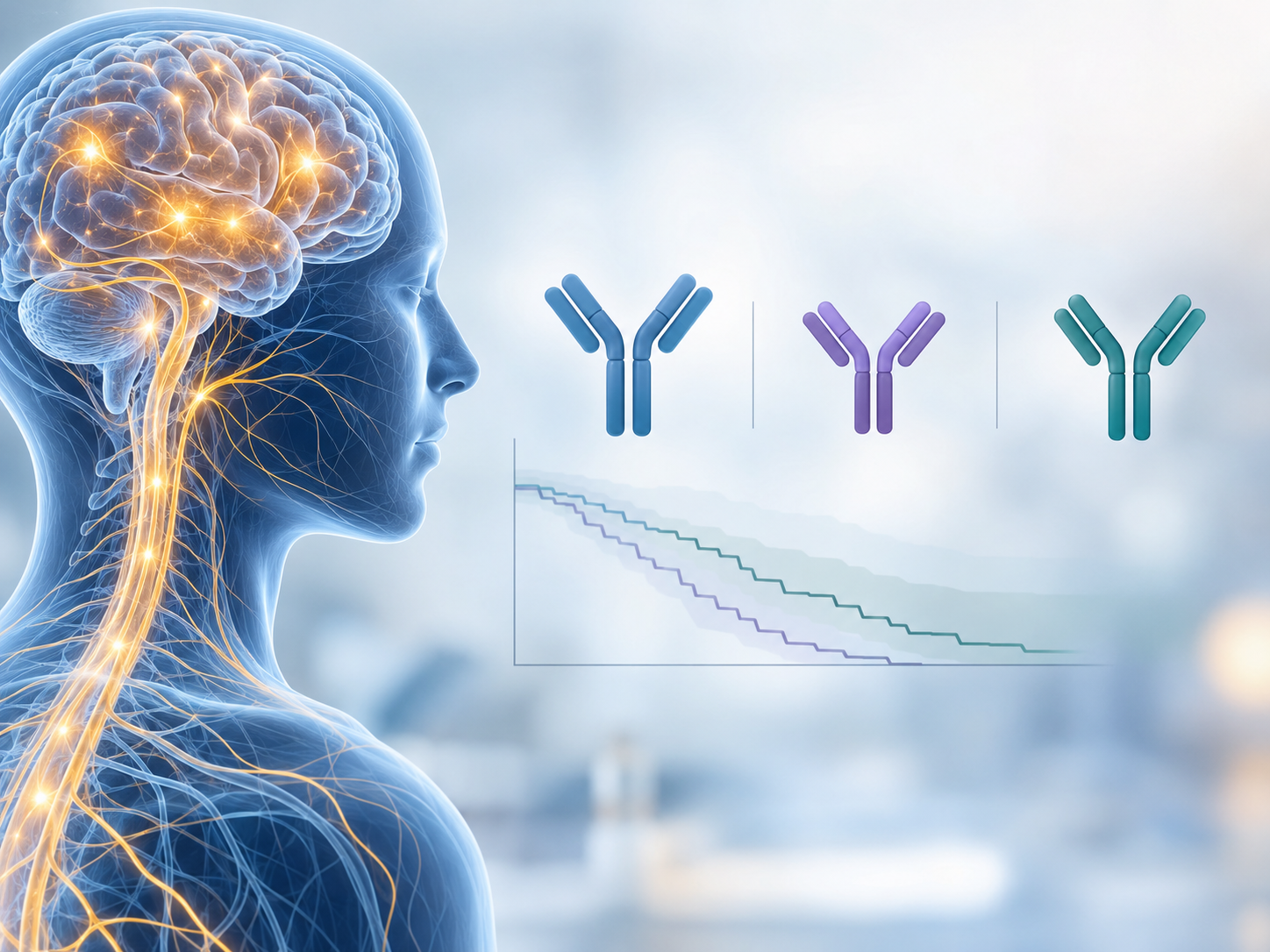 Medical illustration of the brain and neural pathways alongside antibody symbols representing a five-year indirect comparison of BRIUMVI with ocrelizumab and ofatumumab in relapsing multiple sclerosis.