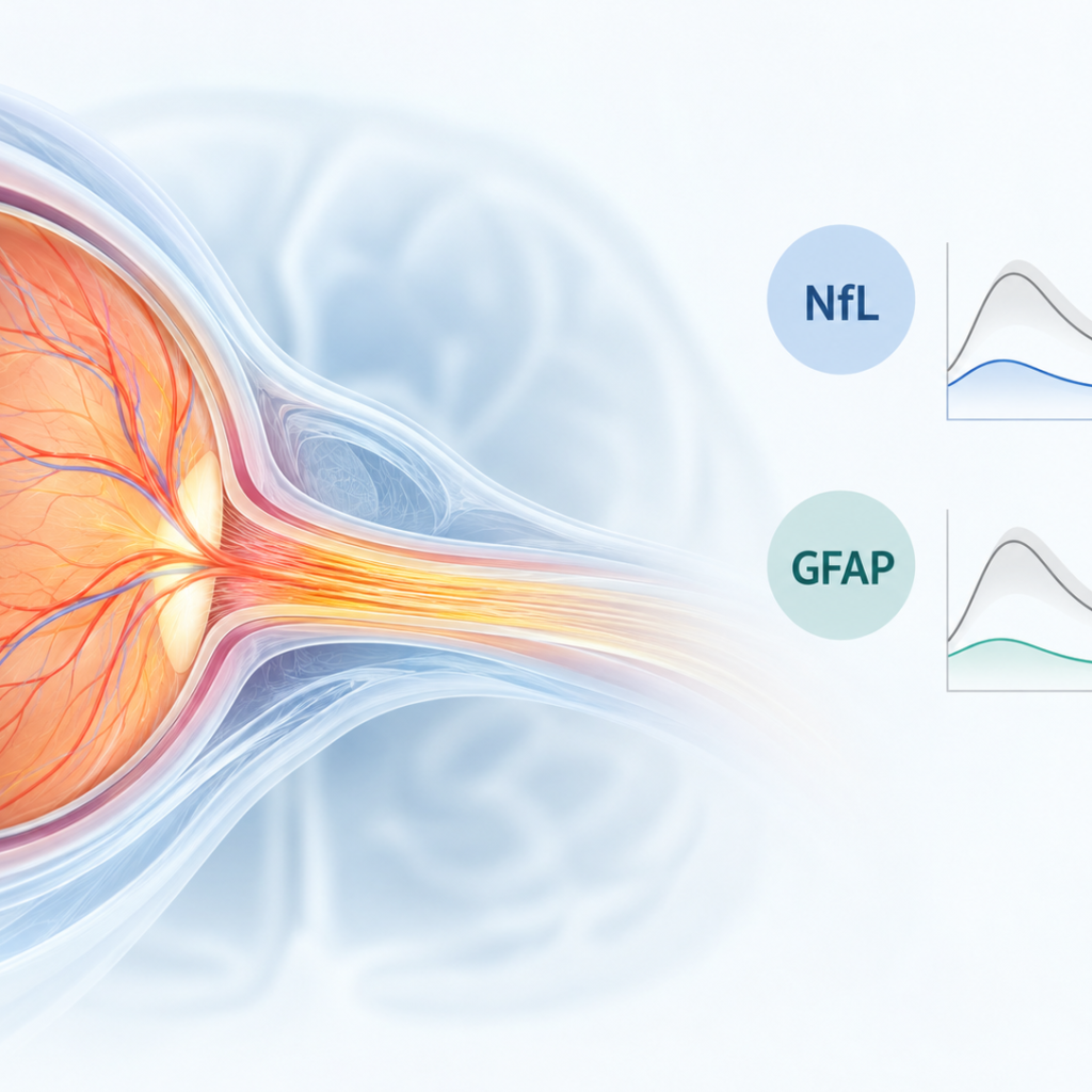 Illustration of the optic nerve and retinal nerve fibers highlighting plasma NfL and GFAP biomarker findings from Oculis's Phase 2 ACUITY trial of privosegtor in optic neuritis.