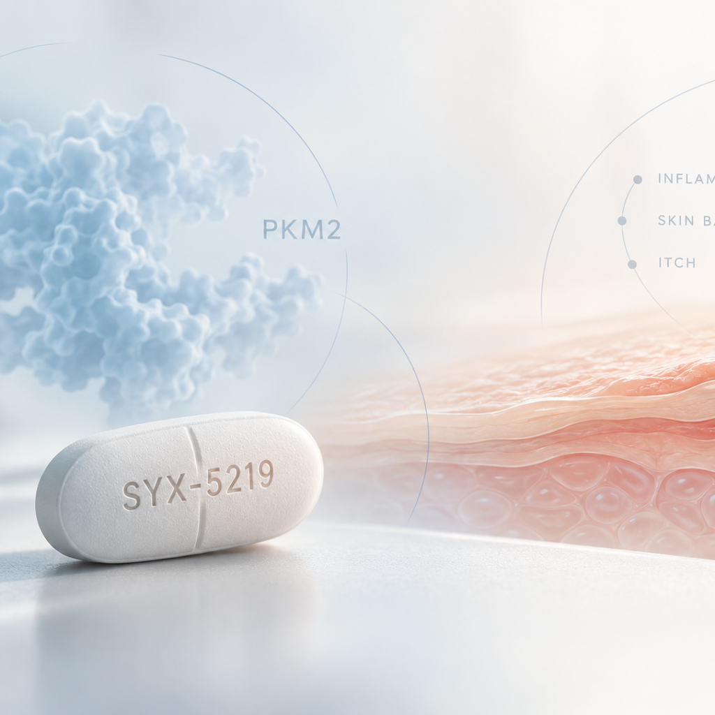 Sitryx SYX-5219 oral PKM2 modulator under investigation for atopic dermatitis, targeting inflammatory pathways involved in eczema severity and itch.