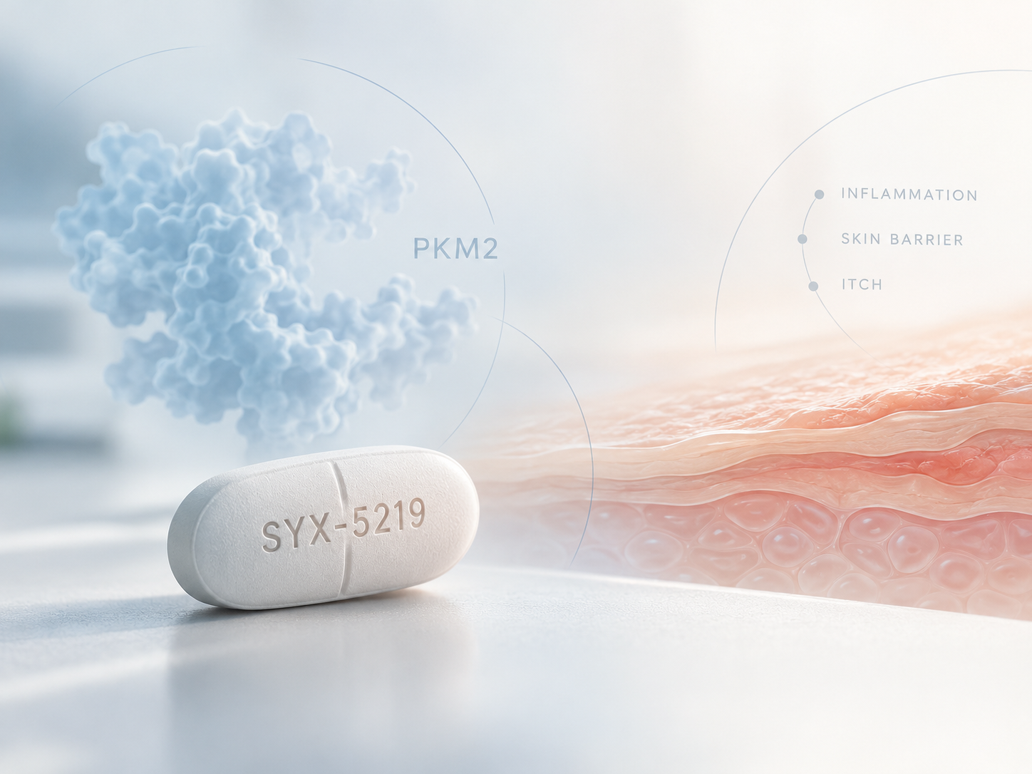 Sitryx SYX-5219 oral PKM2 modulator under investigation for atopic dermatitis, targeting inflammatory pathways involved in eczema severity and itch.