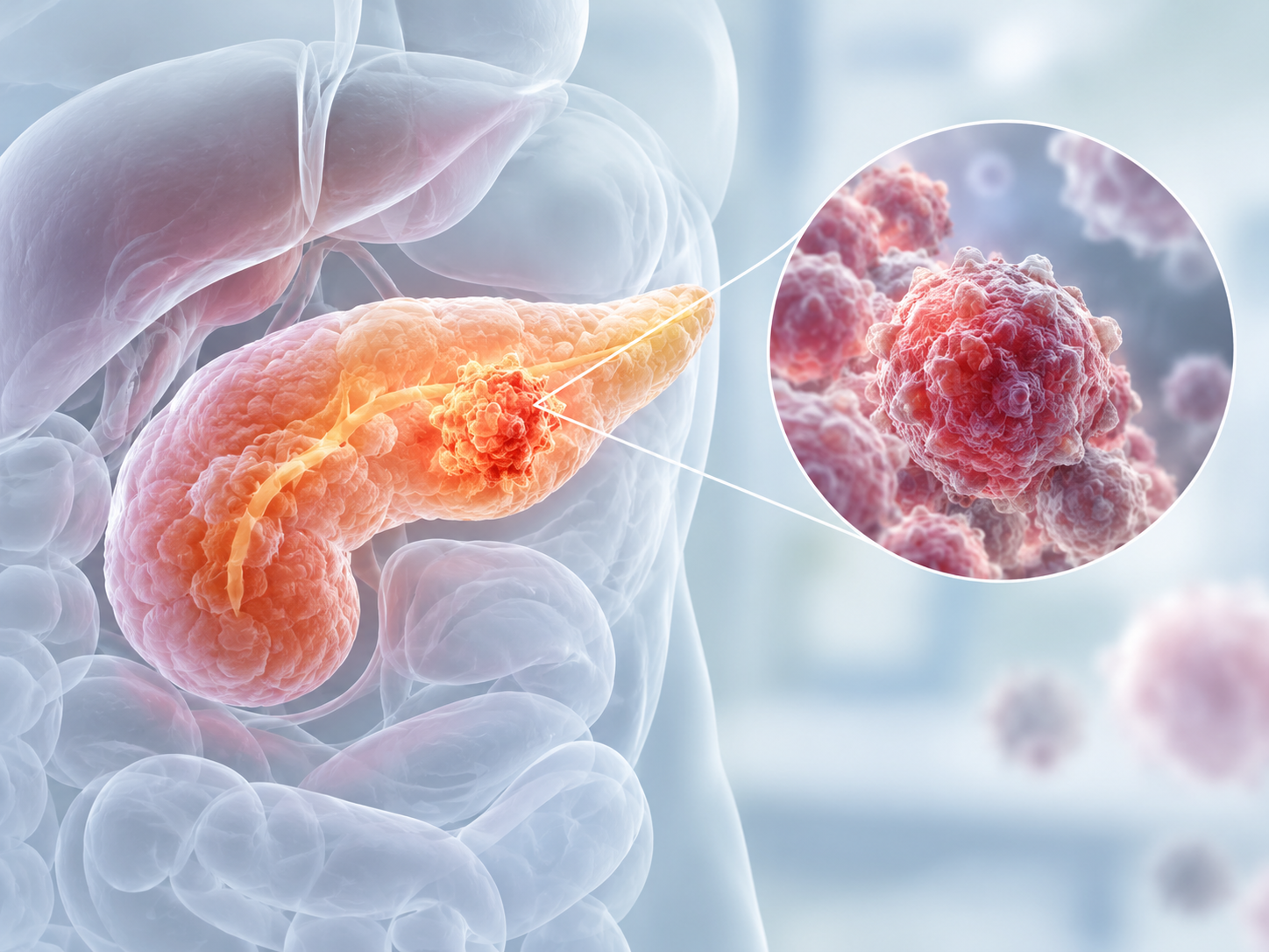Illustration of investigational cancer therapy targeting MTAP-deleted pancreatic cancer cells