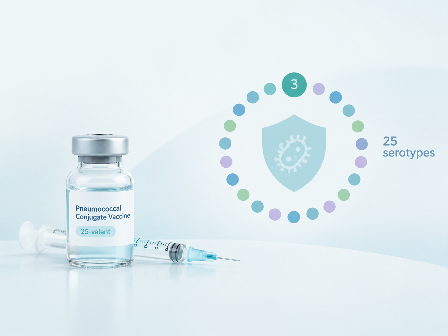 Illustration of a pediatric pneumococcal conjugate vaccine targeting 25 serotypes, including serotype 3