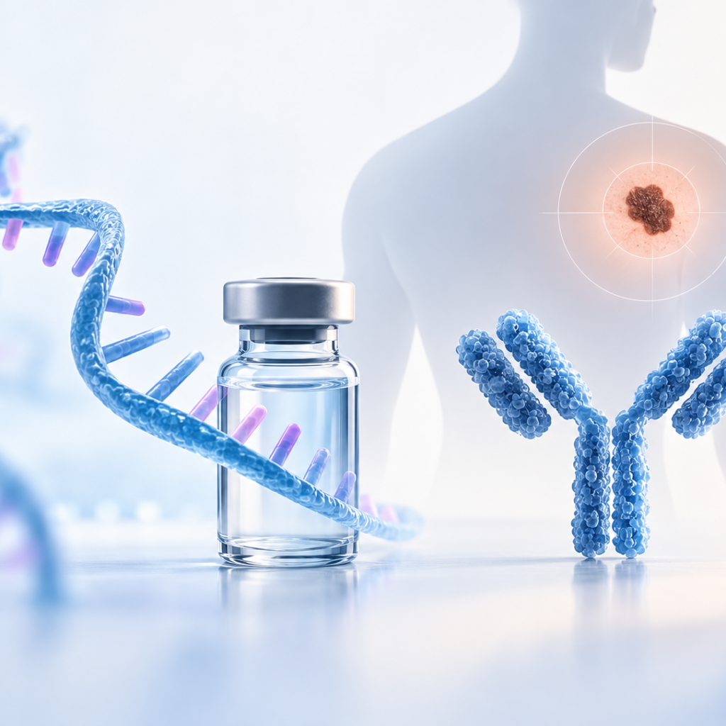 Scientific illustration of individualized mRNA neoantigen therapy combined with pembrolizumab for resected melanoma
