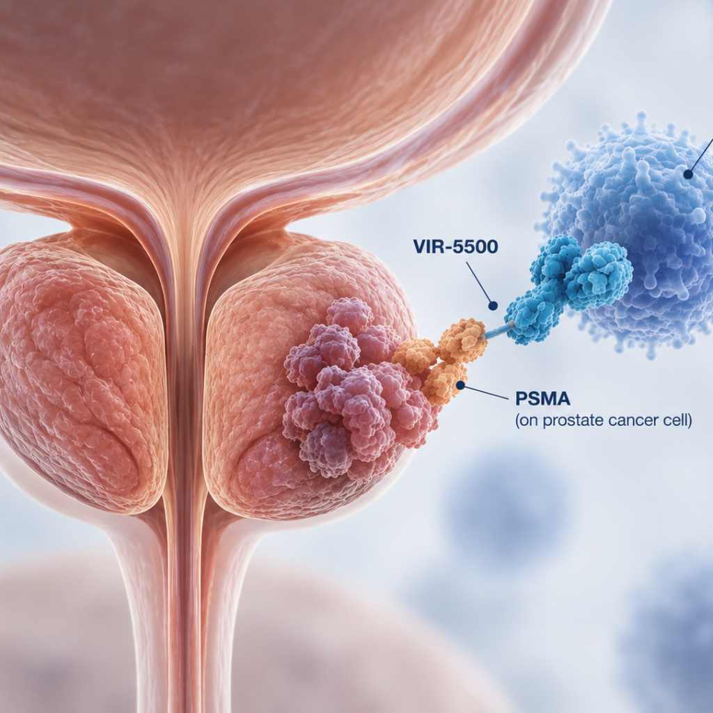 Scientific illustration of VIR-5500, an investigational PSMA-targeted T-cell engager for advanced prostate cancer