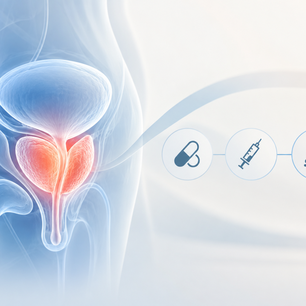 Medical illustration representing darolutamide treatment with androgen deprivation therapy and radiotherapy for high-risk prostate cancer.