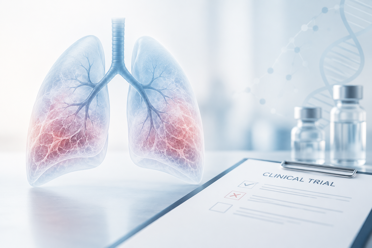 Scientific illustration representing axatilimab development in idiopathic pulmonary fibrosis following the Phase 2 MAXPIRe trial results