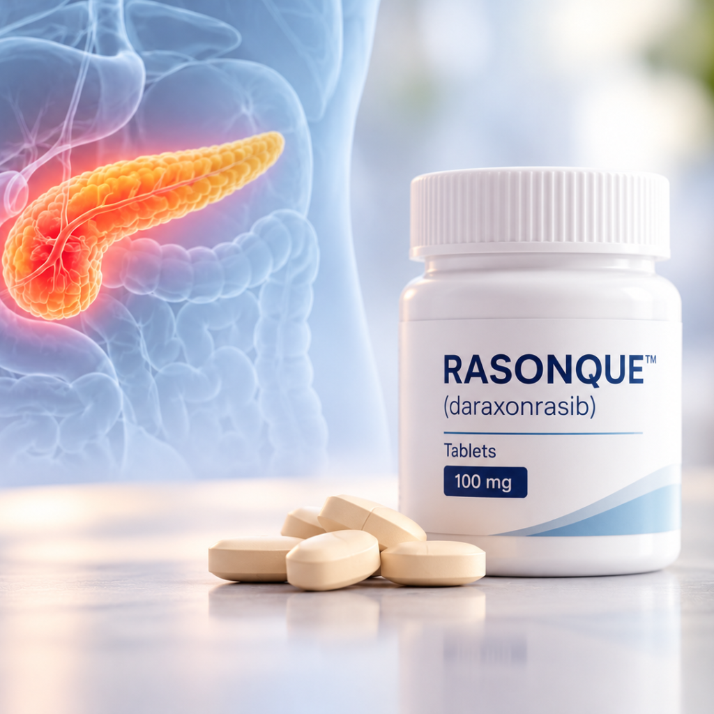Illustration of daraxonrasib RASONQUE and RAS-targeted treatment for metastatic pancreatic cancer following a positive CHMP opinion