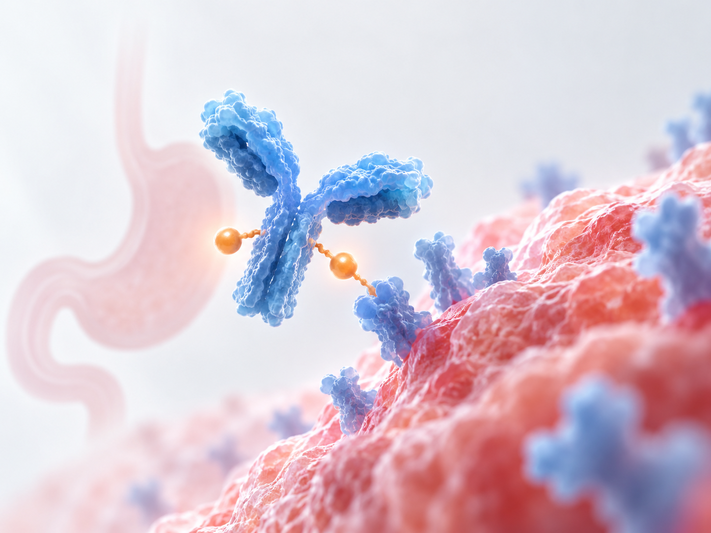 Scientific illustration of a CLDN18.2-targeted antibody-drug conjugate delivering a cytotoxic payload to gastric cancer cells
