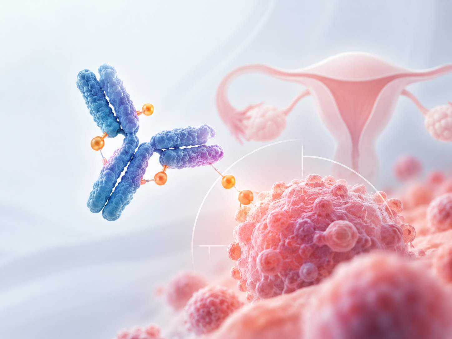 Illustration of an antibody-drug conjugate targeting ovarian cancer cells, representing GSK's investigational B7-H4-targeted therapy Mo-Rez