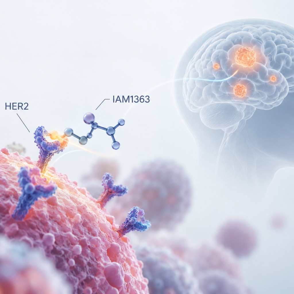 Scientific illustration of investigational HER2 inhibitor IAM1363 targeting HER2-driven cancers, including brain metastases