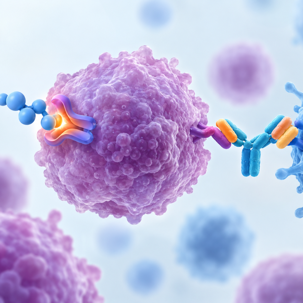 Illustration of targeted BCR::ABL1 inhibition by ponatinib and T-cell-mediated leukemia cell targeting by blinatumomab in Philadelphia chromosome-positive acute lymphoblastic leukemia.