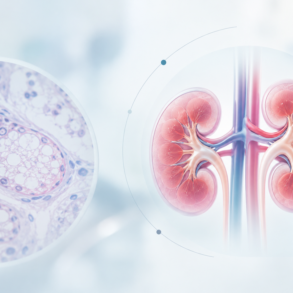 A subtle medical illustration of kidney tissue and globotriaosylceramide accumulation in Fabry disease, representing Idorsia's Phase 3 lucerastat study.