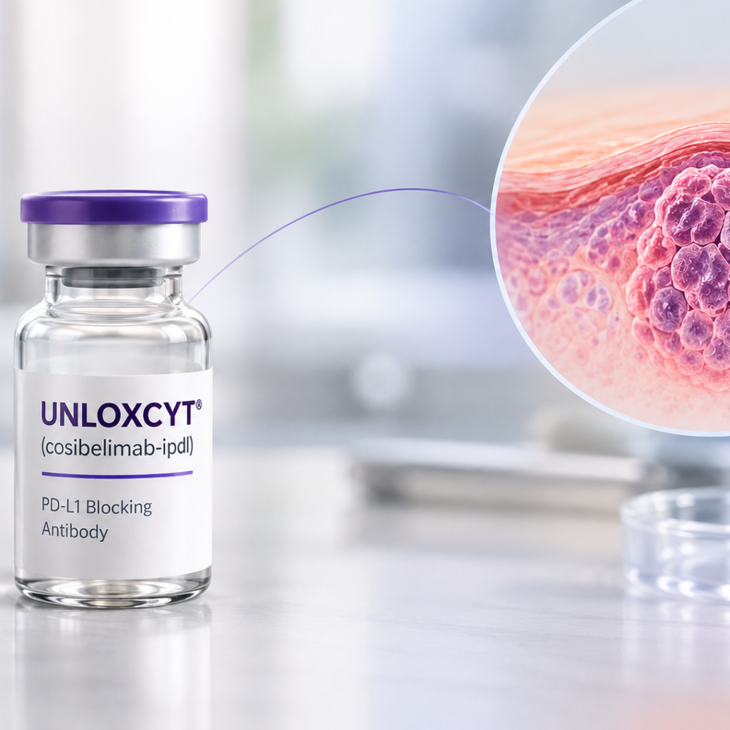 Illustration representing Sun Pharma’s UNLOXCYT (cosibelimab-ipdl) and its NCCN Category 2A preferred recommendation for locally advanced cutaneous squamous cell carcinoma.