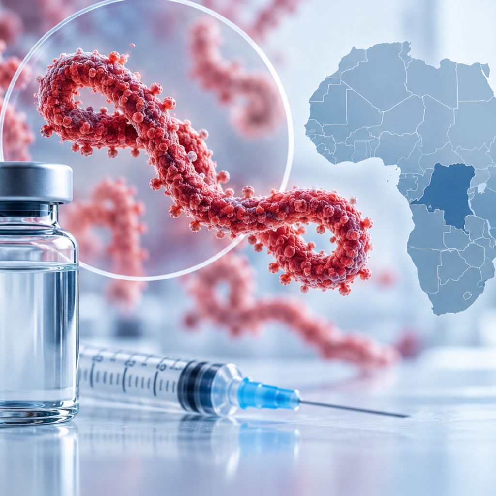 Illustration of Bundibugyo virus vaccine development with a vaccine vial, viral structure and map of Africa