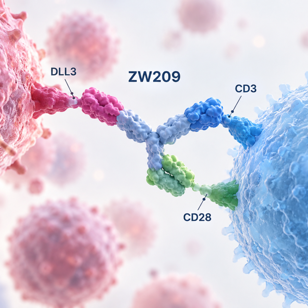 Zymeworks ZW209 trispecific T-cell engager targeting DLL3-expressing cancer cells through CD3 and CD28 costimulation