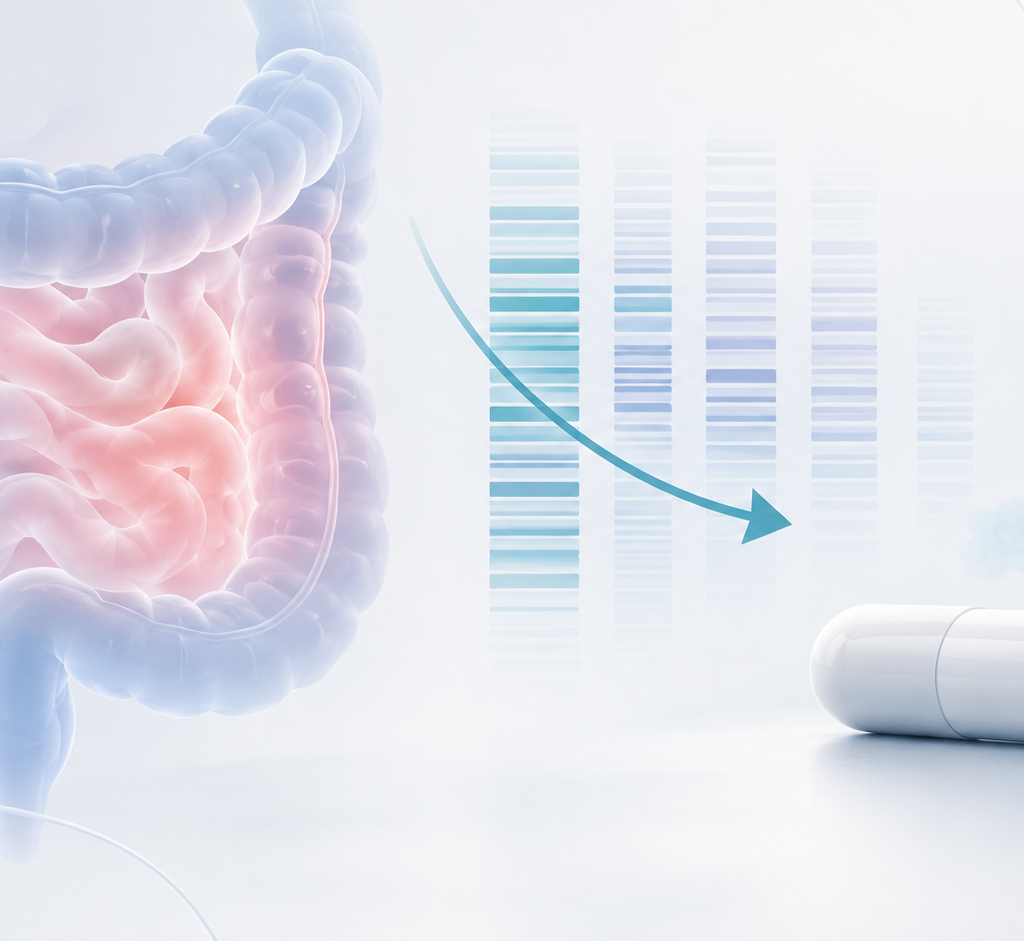 Illustration of omilancor and LANCL2-targeting research in inflammatory bowel disease, highlighting a reduction in a gene-expression signature associated with biologic refractoriness.