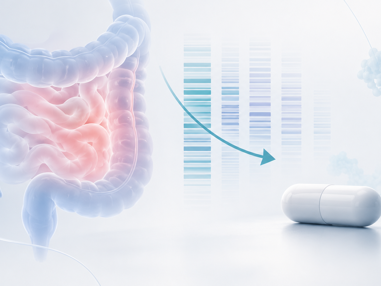 Illustration of omilancor and LANCL2-targeting research in inflammatory bowel disease, highlighting a reduction in a gene-expression signature associated with biologic refractoriness.
